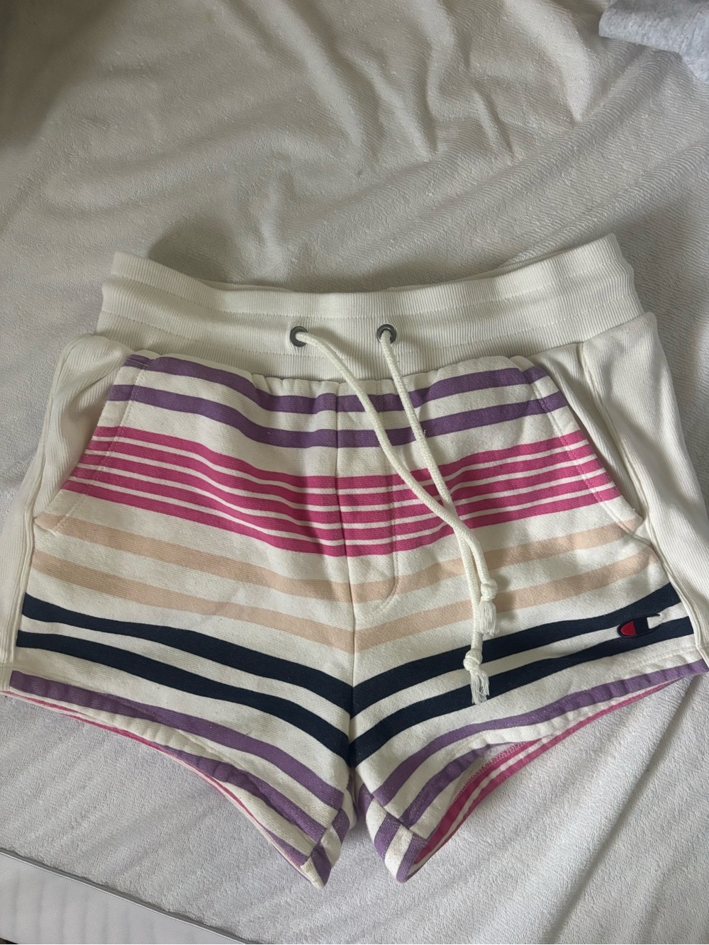 Champion Striped Knit Women’s Sweat Shorts in White with Pink & Navy Stripes